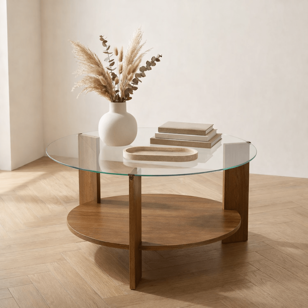 Salontafels - Ronde salontafel walnoot melamine transparant glas Ø75 cm - Cairo - Dimehouse