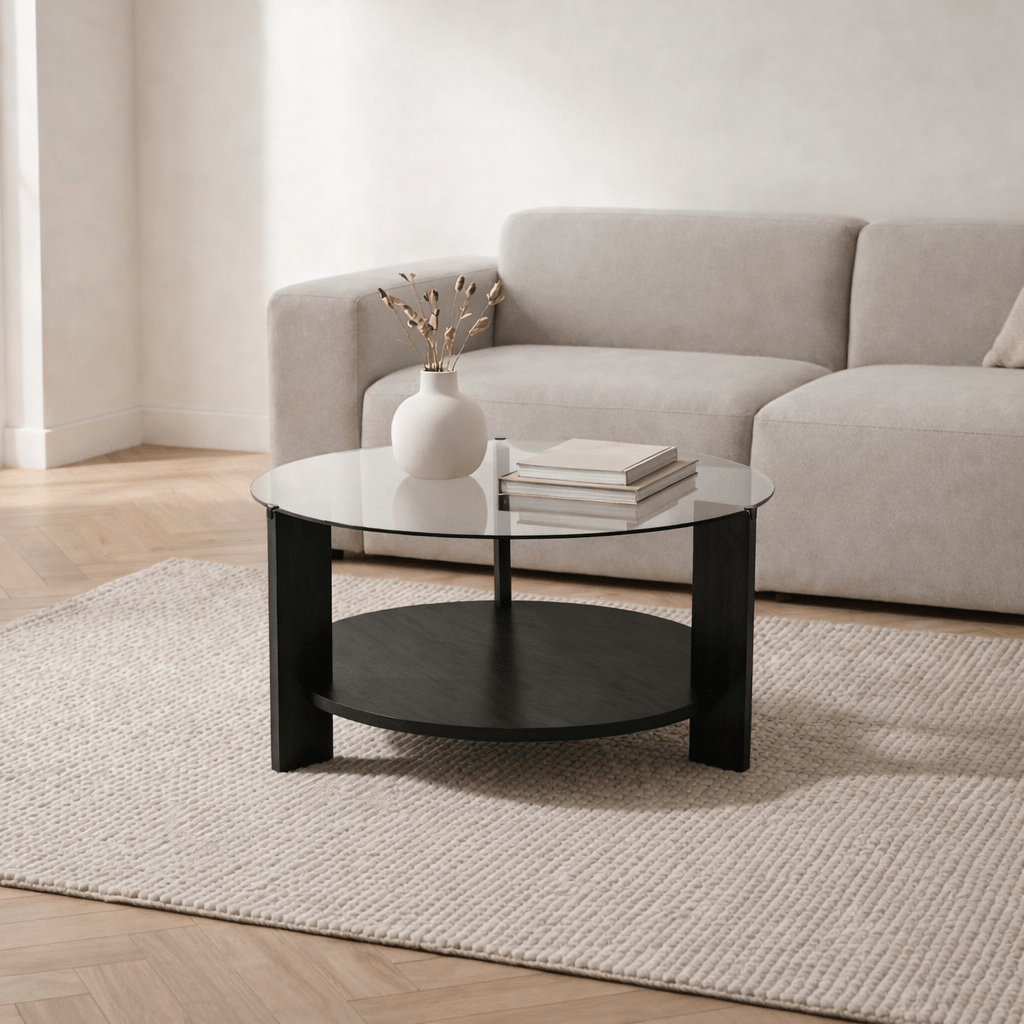 Salontafels - Ronde salontafel zwart melamine transparant glas Ø75 cm - Cairo - Dimehouse