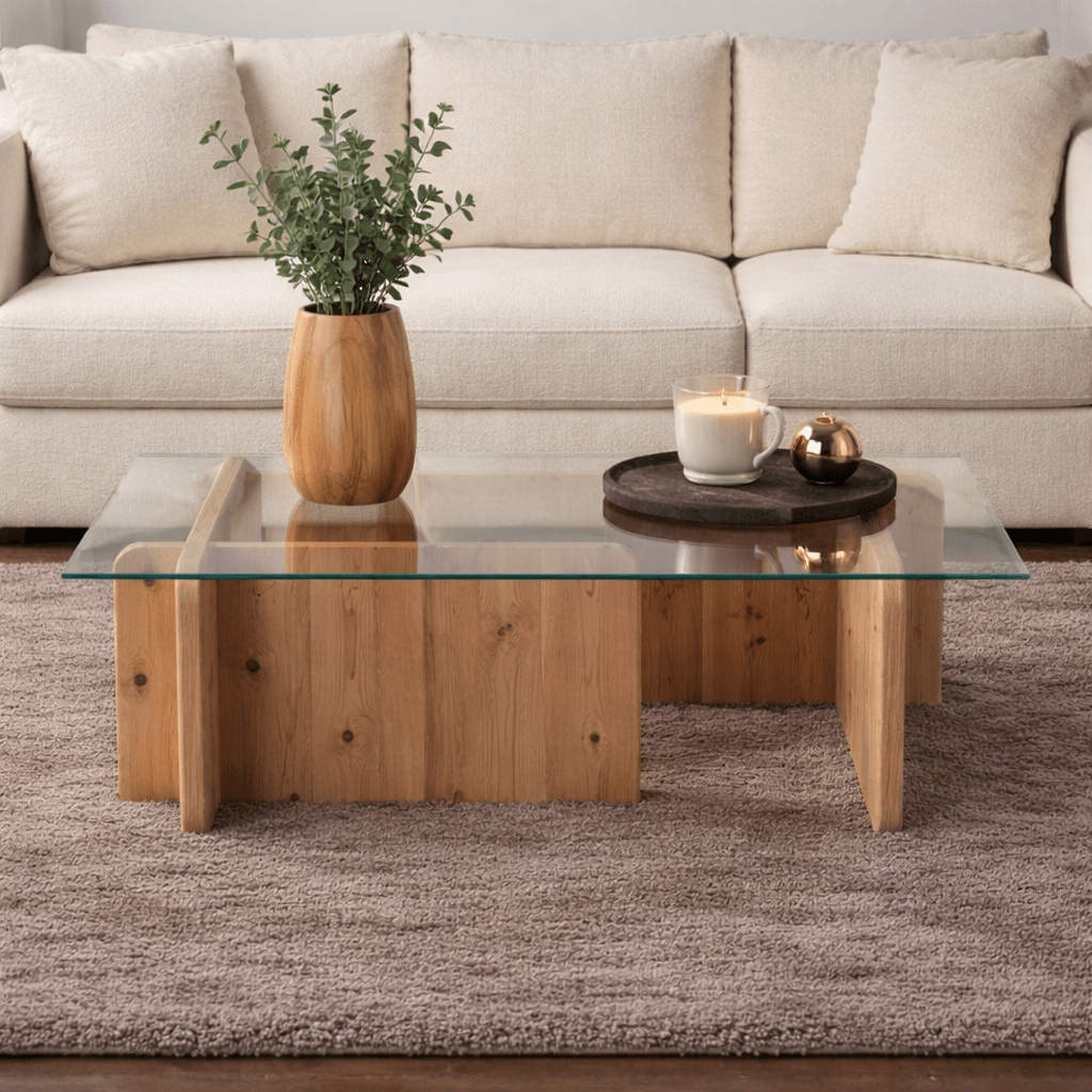 Salontafels - Salontafel Atlantisch Dennenhout Melamine Glas Opal 105x65x30 cm - Dimehouse