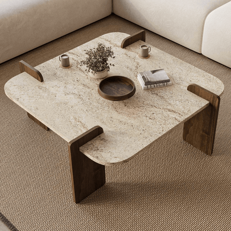 Salontafel travertin met walnoot - melamine -90 x 90 cm - Alfro