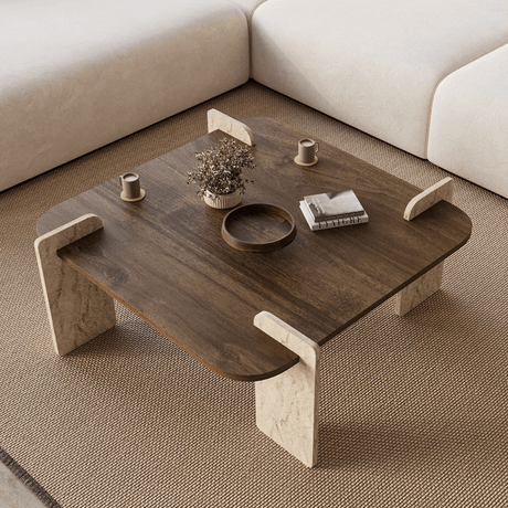 Salontafel walnoot met travertin - melamine -90 x 90 cm - Alfro