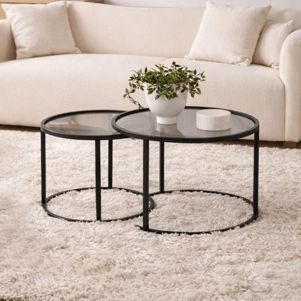 Ensemble de tables basses de 2 en verre rond - cadre noir - 60, 42 cm 