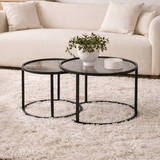Ensemble de tables basses de 2 en verre rond - cadre noir - 60, 42 cm 