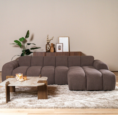 Banken-Hoekbank met lounge zacht bruin bouclé stof - strepen - rechts - Brix-Dimehouse