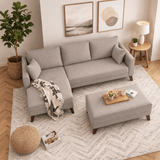 Canapé-lit en tissu couleur champagne - deux places - avec pouf - angle gauche - Bella