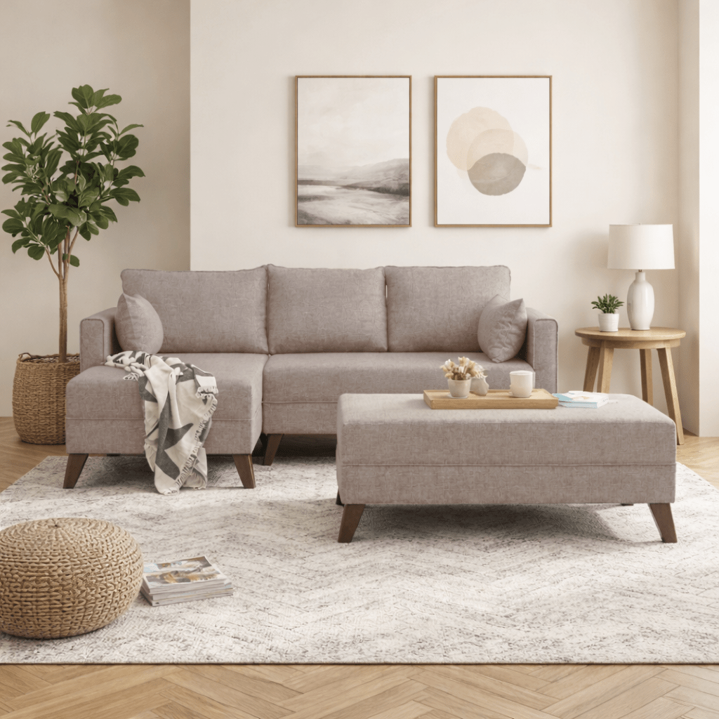 Canapé-lit en tissu couleur champagne - deux places - avec pouf - angle gauche - Bella