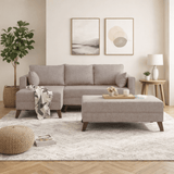 Canapé-lit en tissu couleur champagne - deux places - avec pouf - angle gauche - Bella