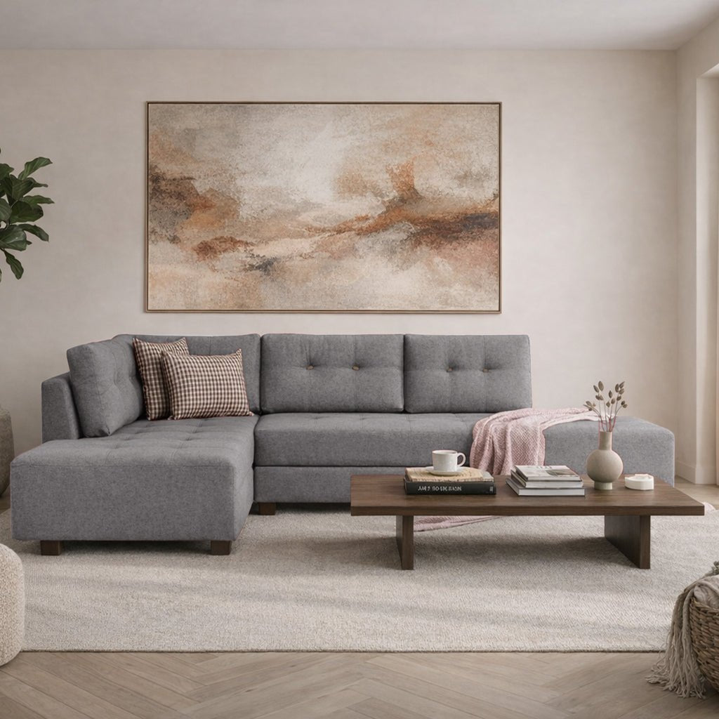 Canapé lit tissu gris - XL 280x206 cm - à roulettes - Gauche - Manama