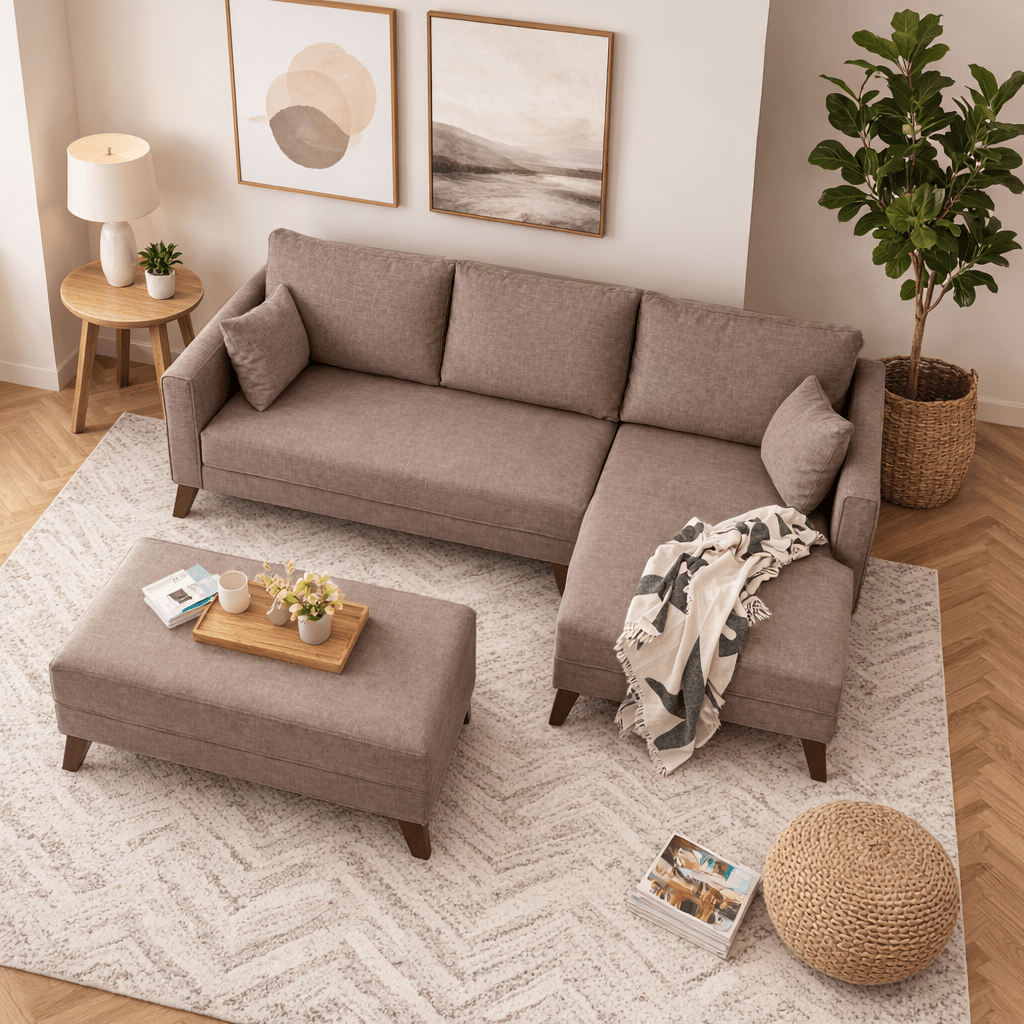 Canapé-lit en tissu taupe - deux places - avec pouf - angle droit - Bella