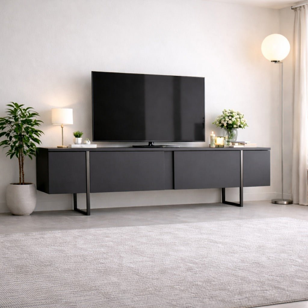 Meuble TV Anthracite Luxe 180x50x30 - Cadre Argent