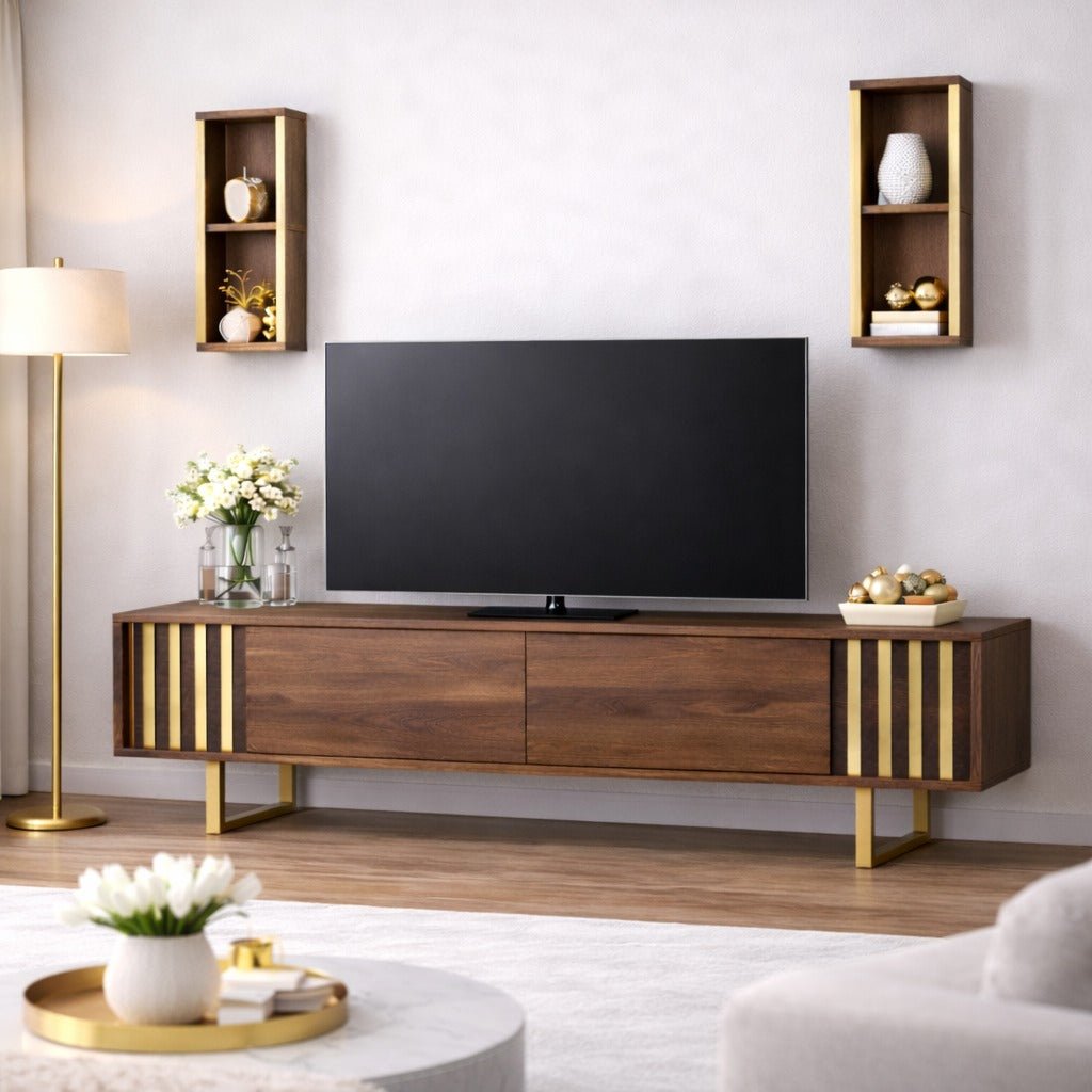 TV Meubels - TV Meubel Set Gold Line Walnoot Zwart Melamine 180x48x30 cm - Dimehouse