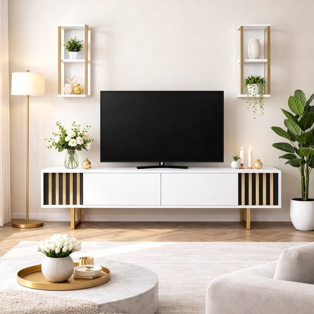 TV Meubels - TV Meubel Set Gold Line Wit Zwart Melamine 180x48x30 cm - Dimehouse