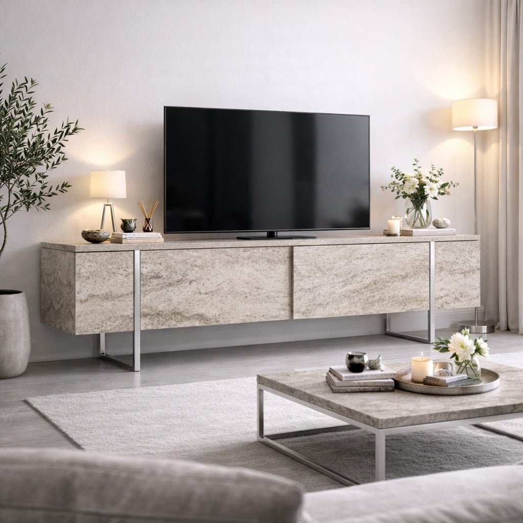 Meuble TV Travertin Luxe 180x50x30 - Cadre Argenté