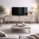 Meuble TV Travertin Luxe 180x50x30 - Cadre Argenté