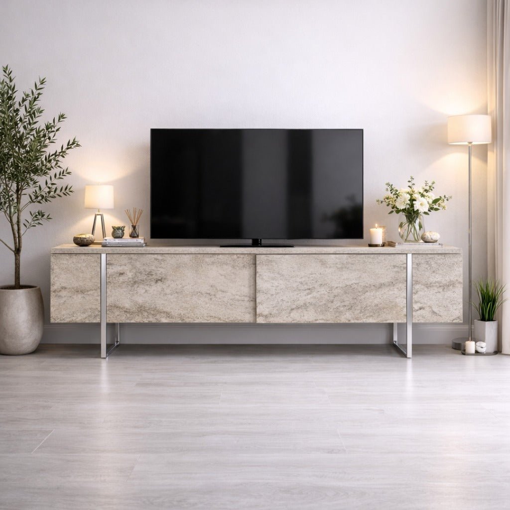 Meuble TV Travertin Luxe 180x50x30 - Cadre Argenté