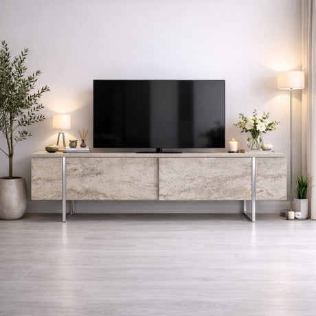 Meuble TV Travertin Luxe 180x50x30 - Cadre Argenté