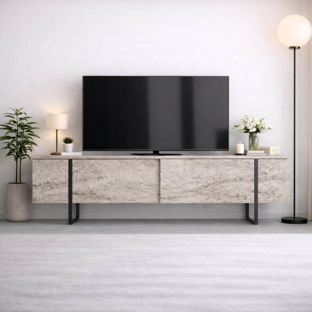 Meuble TV Travertin Luxe 180x50x30 - Cadre Noir