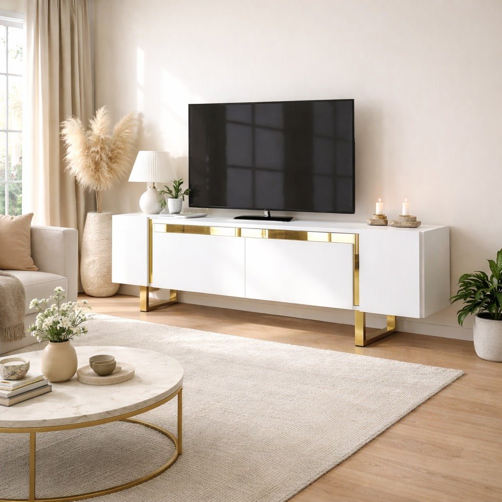 Meuble TV blanc Yildiz 180x50x30 - Cadre doré