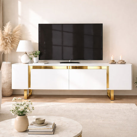 Meuble TV blanc Yildiz 180x50x30 - Cadre doré