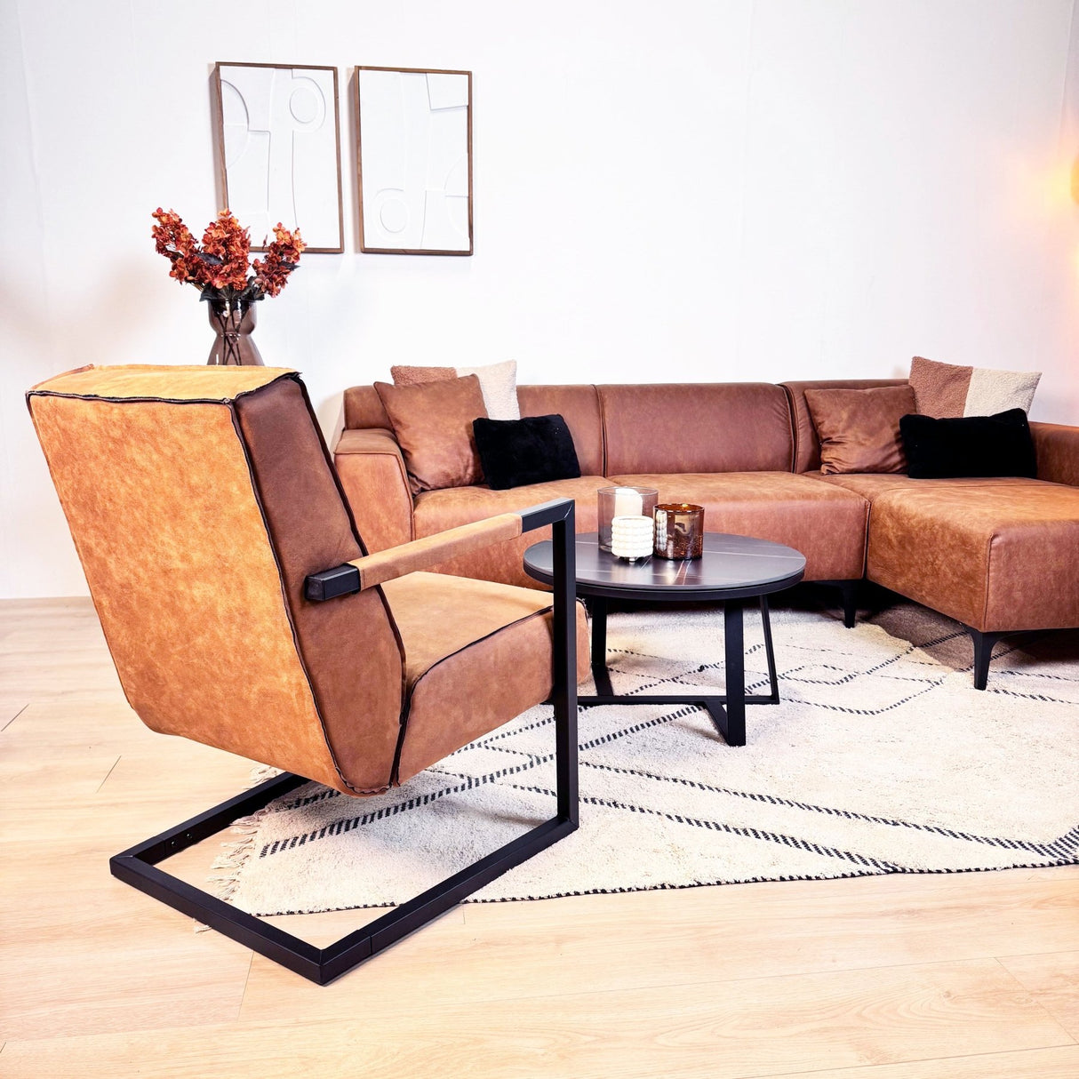 Industriële leren fauteuil cognac Tiger