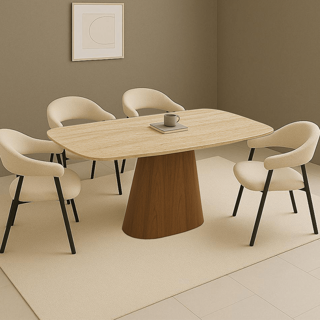 Complete Meubelset: Lea Eettafel Sintered Stone Marmerlook Travertine - Walnoot Frame + 4x Lisa Eetkamerstoelen Bouclé Beige