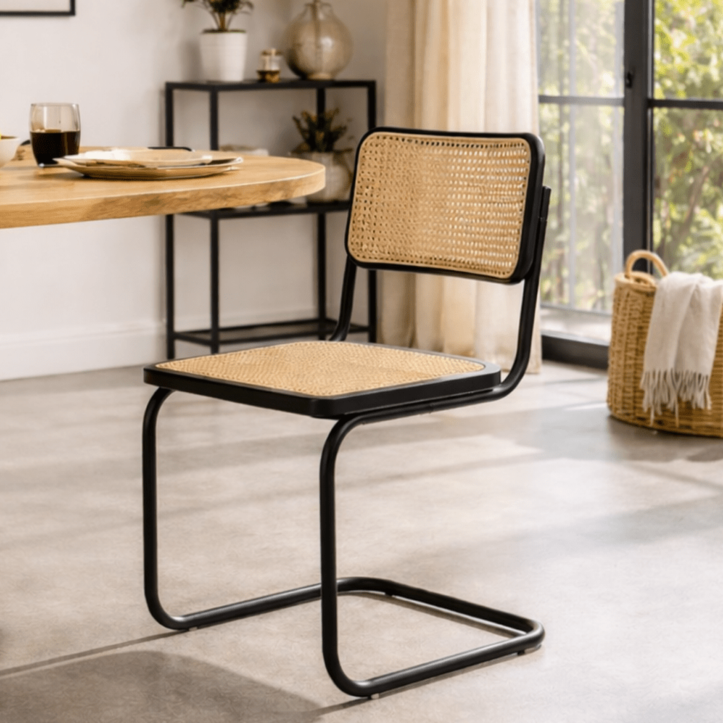 Chaise de salle à manger structure tubulaire Vester en métal noir avec sangle en bambou - Sans Accoudoirs