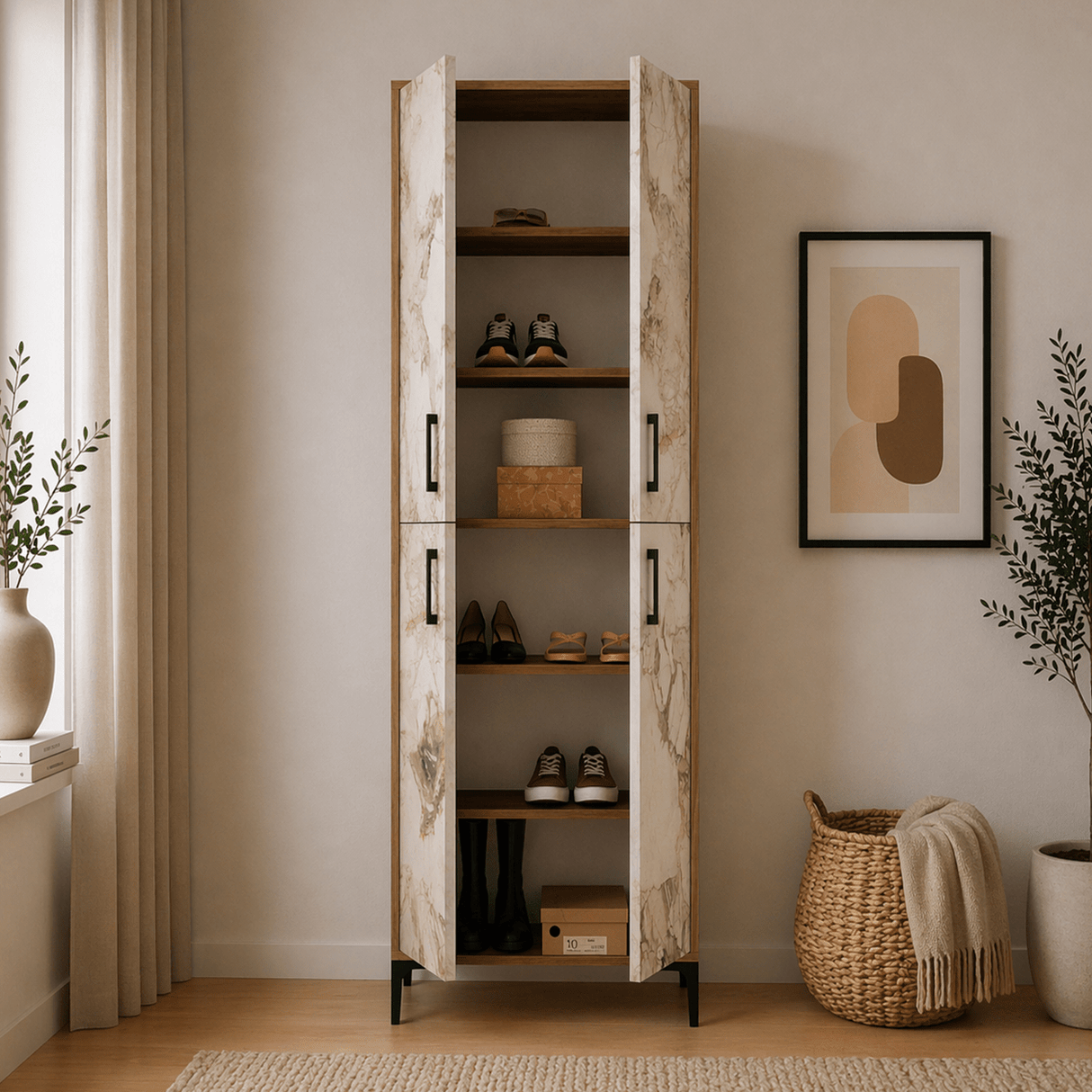 Wandkasten - Wandkast Walnoot Wit Marmer Melamine 200x60x35 cm - Berlin - Dimehouse