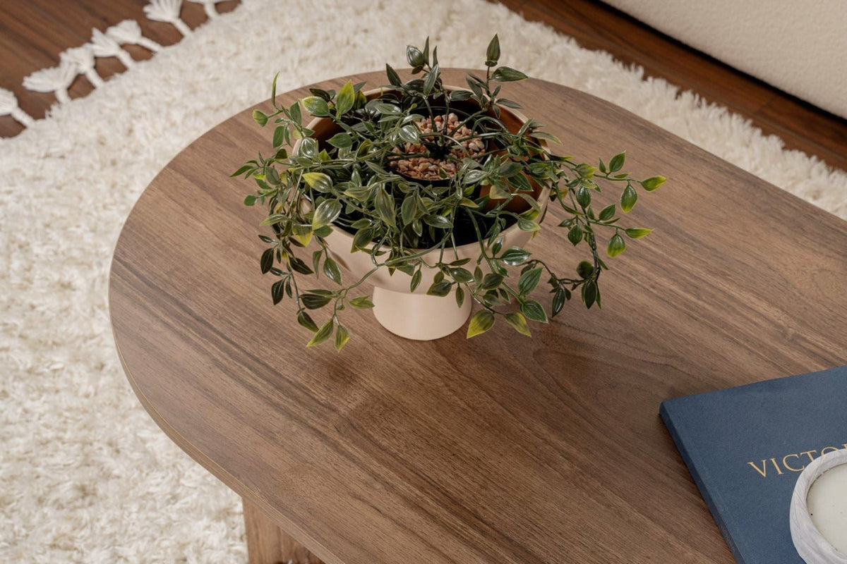 Tables basses-Table basse ovale mélamine noyer - Japandi - 119x60 cm - Sota-Dimehouse