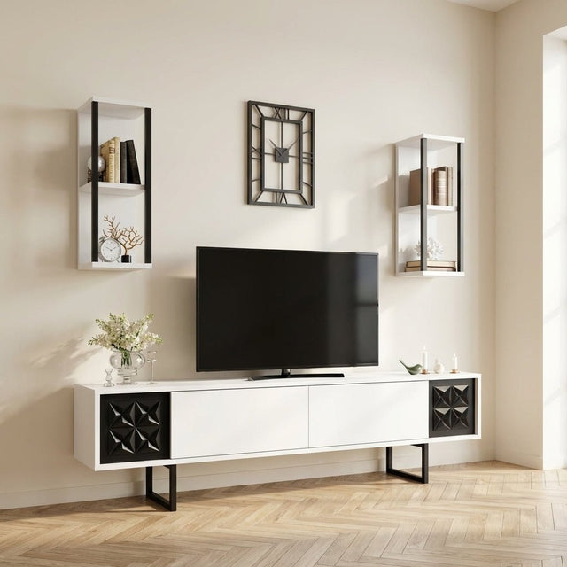 TV Meubel Set Black Line Wit Zwart Melamine 180x48x30 cm sfeerfoto in modern interieur