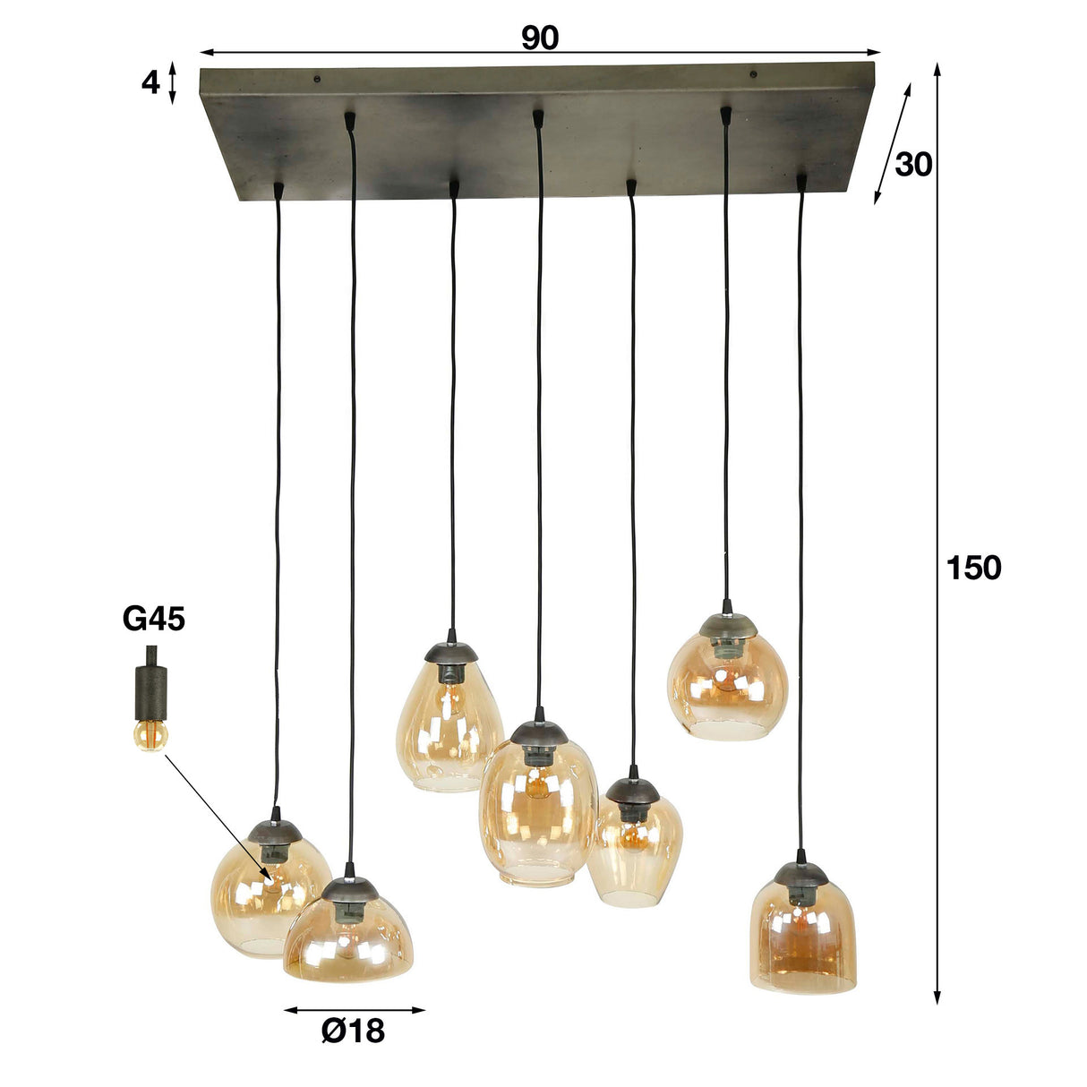 Hanglamp Felien Amber DH Interior Amber color glas LxBxH 99x41x32 Glas Witfoto maatindicatie