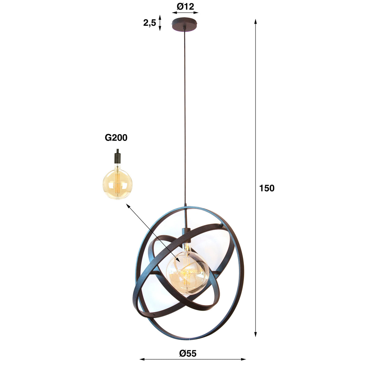 Hanglamp Diana DH Interior Zwart LxBxH 67x67x17 Metaal Witfoto maatindicatie