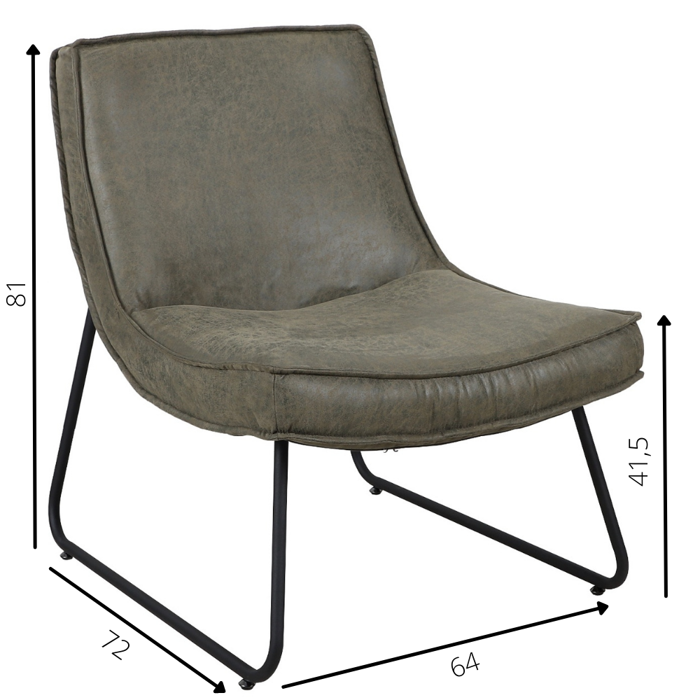 Fauteuil Lowen Ecoleer Dimehouse Groen LxBxH 82x66x65 Eco-leer Witfoto maatindicatie