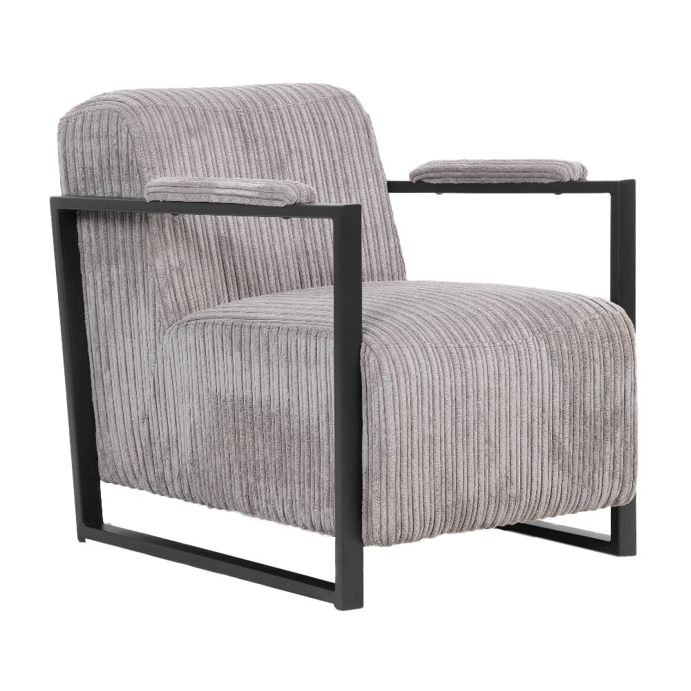 Fauteuil Madeline Dimehouse Lichtgrijs LxBxH 84x76x62 Ribstof Witfoto schuin vooraanzicht