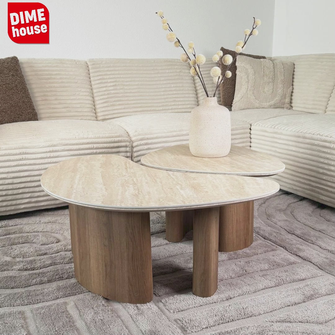 Ensemble de 2 tables basses Jimi avec plateau en travertin et piètement en noyer 