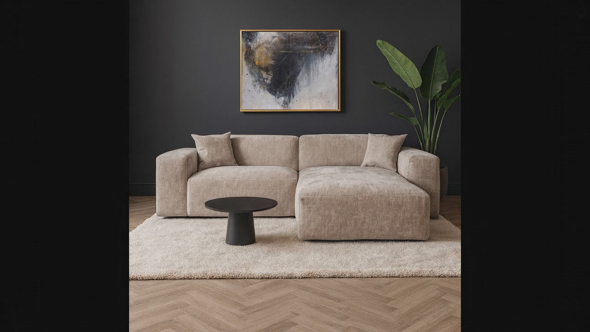 Canapé d’angle Wayne en chenille couleur beige, 264 cm – angle montable à gauche ou à droite
