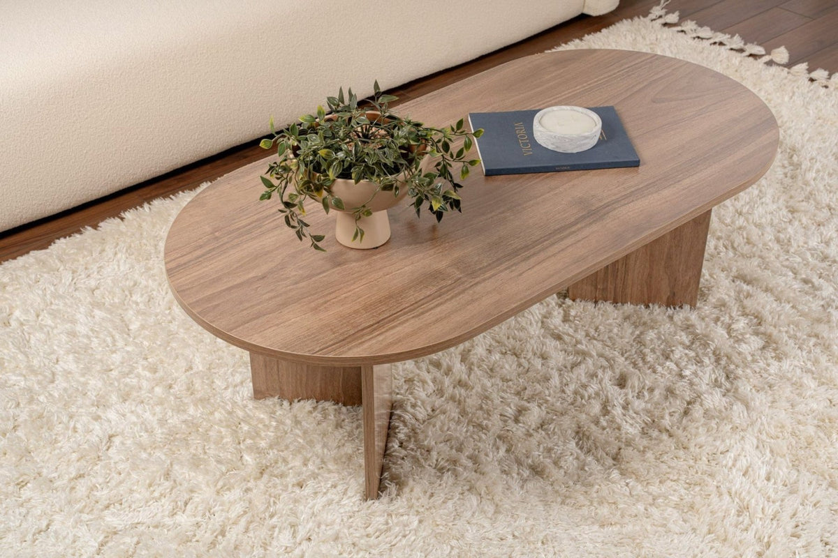 Tables basses-Table basse ovale mélamine noyer - Japandi - 119x60 cm - Sota-Dimehouse