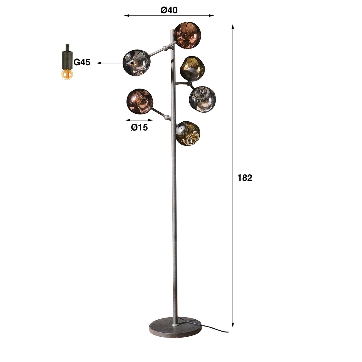 Vloerlamp Diamond DH Interior Zwart LxBxH 83x48x36 Metaal Witfoto maatindicatie