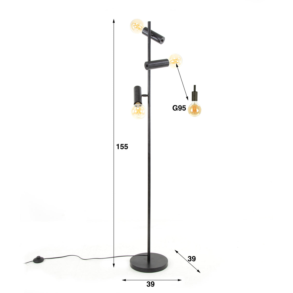 Vloerlamp Glenn DH Interior Charcoal LxBxH 57x29x19 Metaal Witfoto maatindicatie