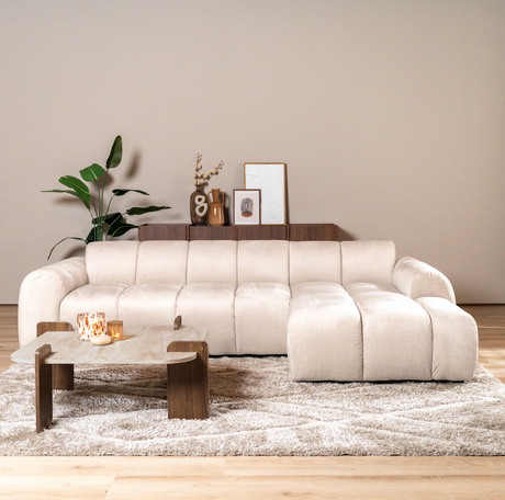 Banken-Hoekbank met lounge beige velvet structuurstof - strepen - rechts - Brix-Dimehouse