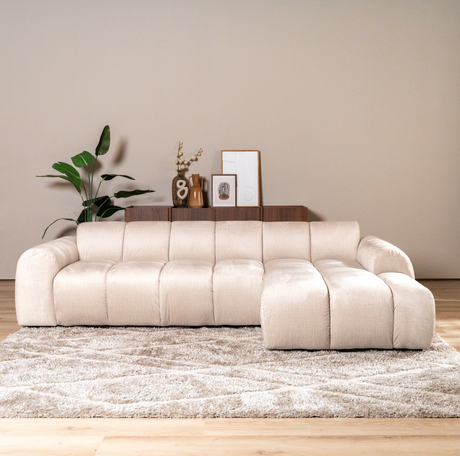 Banken-Hoekbank met lounge beige velvet structuurstof - strepen - rechts - Brix-Dimehouse