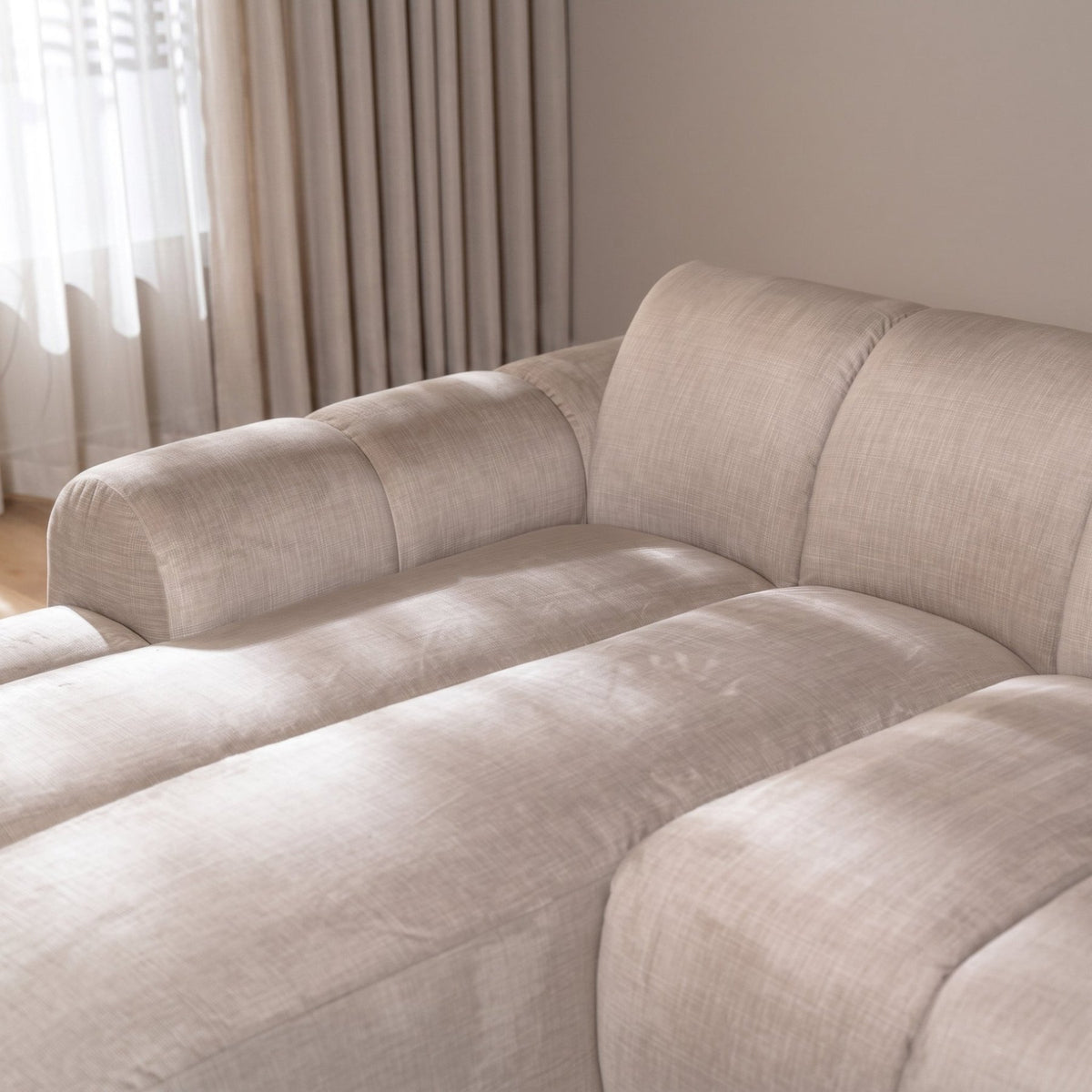 Canapés-Canapé d'angle lounge tissu texturé velours beige - rayures - gauche - Brix-Dimehouse